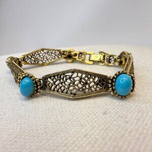 Mode-Art Filigree Panel Bracelet Vintage Gold Tone Blue Stone Arthur Pepper